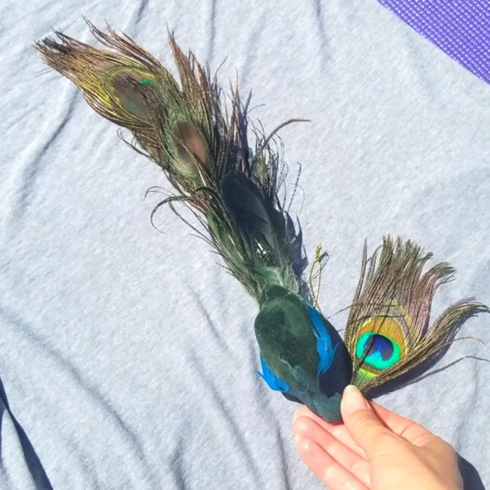Peacock Figurine With Real Feathers Boho Glam Add On Gift Decor Boho Cottage New